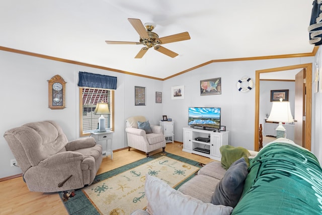 living room with a ceiling fan, baseboards, wood finished floors, lofted ceiling, and ornamental molding