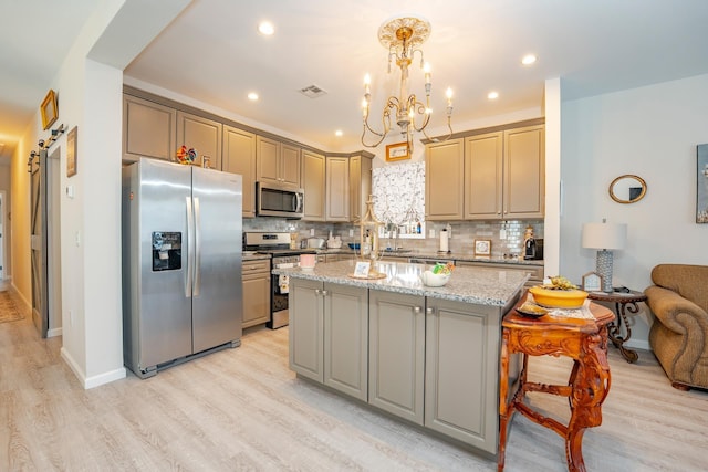 kitchen with visible vents, decorative backsplash, a center island, stainless steel appliances, and light wood-type flooring