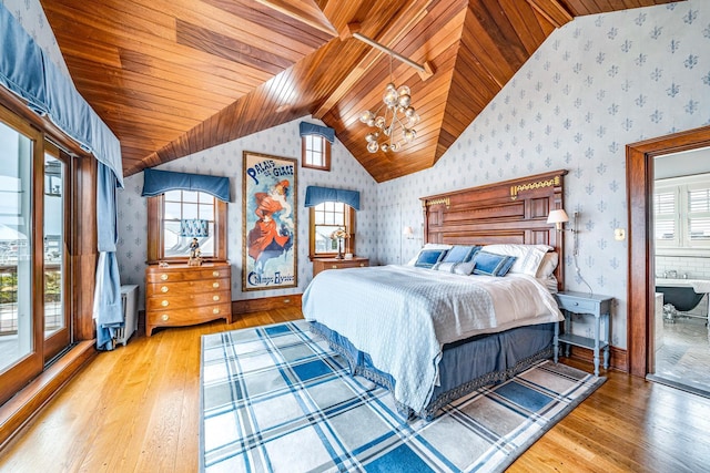 bedroom with lofted ceiling, wood-type flooring, and wood ceiling