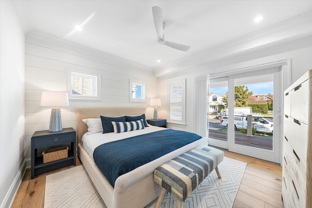102 102nd St, Stone Harbor, NJ 08247 - bedroom with access to exterior, light wood-style floors, ornamental molding, ceiling fan, and recessed lighting