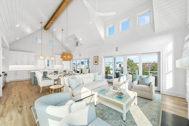 102 102nd St, Stone Harbor, NJ 08247 - living area featuring high vaulted ceiling, beam ceiling, light wood finished floors, healthy amount of natural light, and recessed lighting