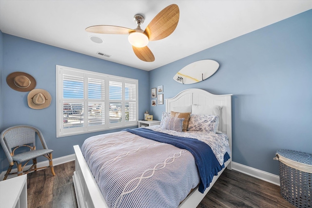 bedroom with ceiling fan, visible vents, baseboards, and wood finished floors