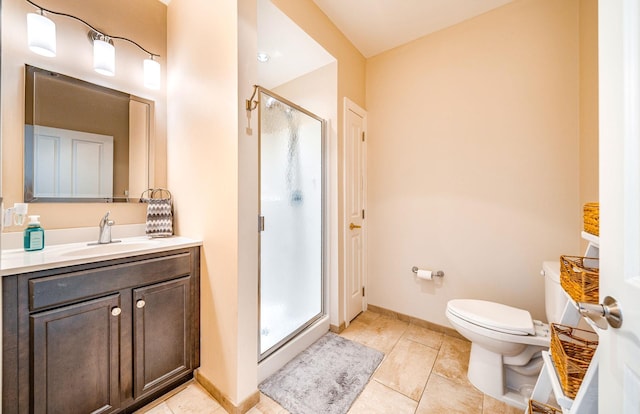 full bath with toilet, a shower stall, vanity, baseboards, and tile patterned floors