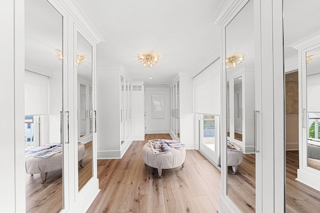 corridor featuring light hardwood / wood-style floors, ornamental molding, and french doors