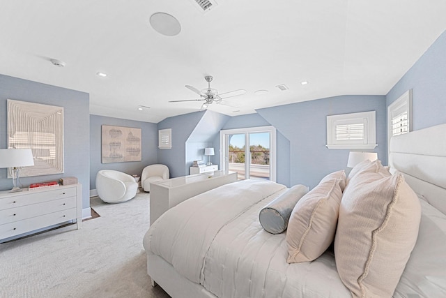 bedroom with multiple windows, light carpet, vaulted ceiling, and ceiling fan