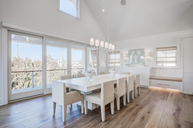 dining space featuring light hardwood / wood-style flooring, high vaulted ceiling, and a notable chandelier