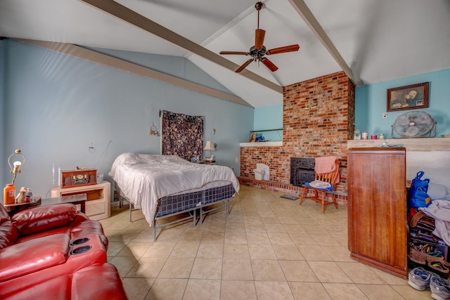 tiled bedroom featuring lofted ceiling, a brick fireplace, and ceiling fan