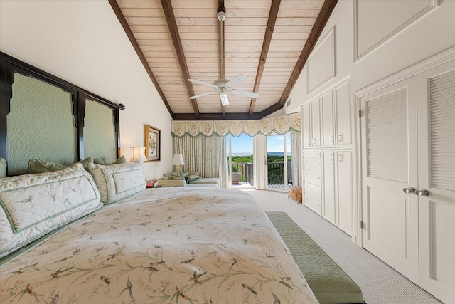 unfurnished bedroom with vaulted ceiling with beams, ceiling fan, carpet floors, and wood ceiling