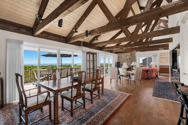 dining area featuring hardwood / wood-style floors, beamed ceiling, wood ceiling, and high vaulted ceiling