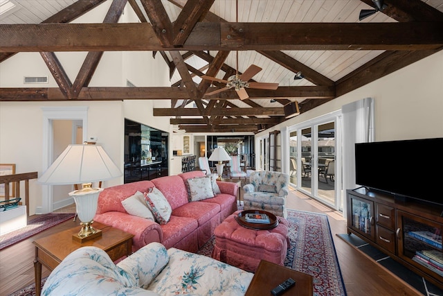 living room featuring beamed ceiling, wood-type flooring, high vaulted ceiling, and wooden ceiling