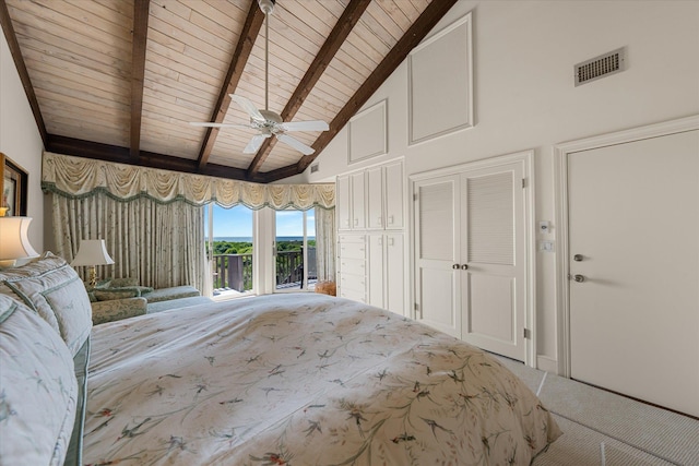 unfurnished bedroom featuring beam ceiling, high vaulted ceiling, ceiling fan, and wood ceiling