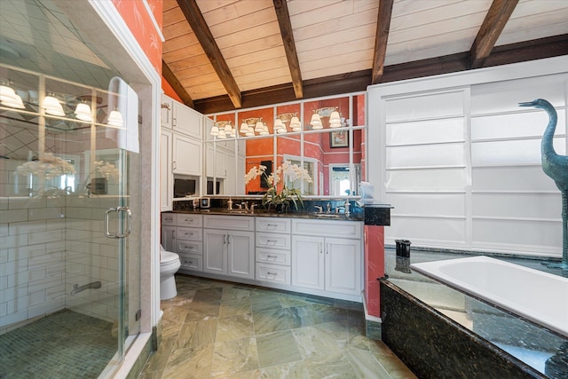 full bathroom with vaulted ceiling with beams, separate shower and tub, toilet, vanity, and wood ceiling