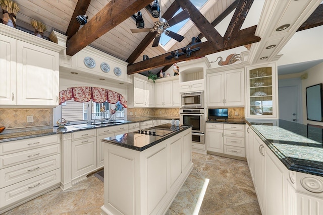 kitchen with beam ceiling, a center island, wooden ceiling, backsplash, and appliances with stainless steel finishes