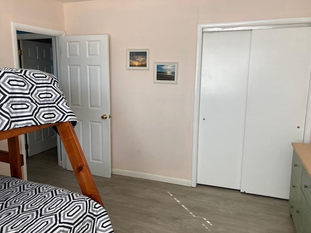 bedroom with hardwood / wood-style floors and a closet