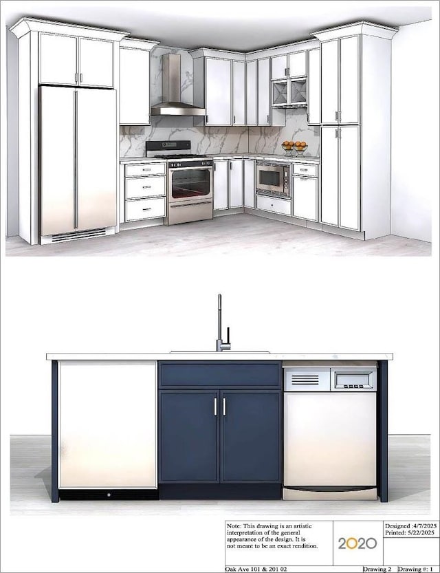 323 E Oak Ave Unit 101, Wildwood, NJ 08260 - kitchen with wall chimney exhaust hood, built in appliances, backsplash, light countertops, and blue cabinets