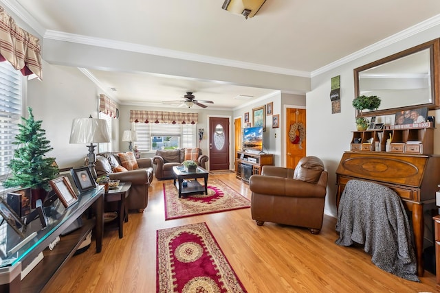living area featuring light wood finished floors, ceiling fan, and crown molding