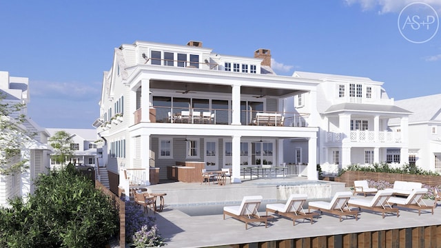 4640 Ocean Dr, Avalon, NJ 08202 - rear view of house featuring a balcony, a ceiling fan, a chimney, and a patio