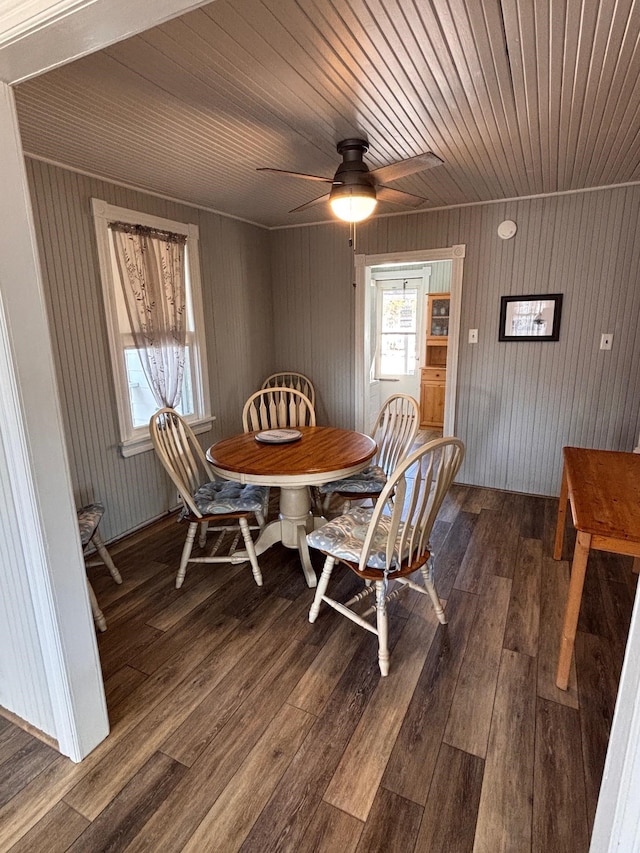 dining area featuring wood ceiling, a ceiling fan, and dark wood-style flooring