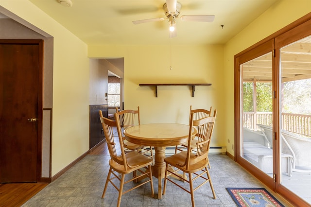 dining space with a baseboard heating unit, baseboards, a healthy amount of sunlight, and a ceiling fan