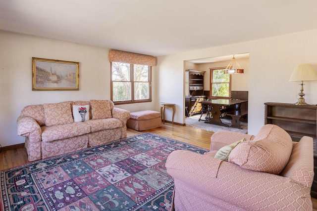 living area featuring baseboards and wood finished floors