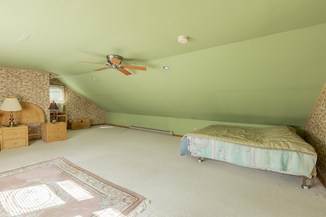 bedroom with a baseboard radiator, lofted ceiling, carpet flooring, and wallpapered walls