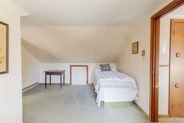 carpeted bedroom featuring a baseboard radiator, lofted ceiling, baseboards, and wallpapered walls