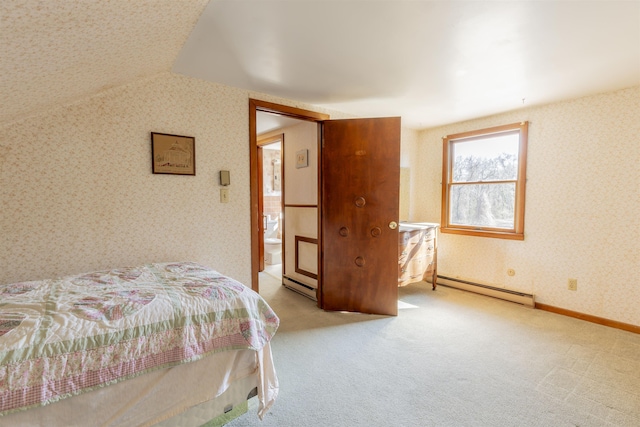 bedroom with a baseboard heating unit, carpet floors, wallpapered walls, baseboards, and vaulted ceiling