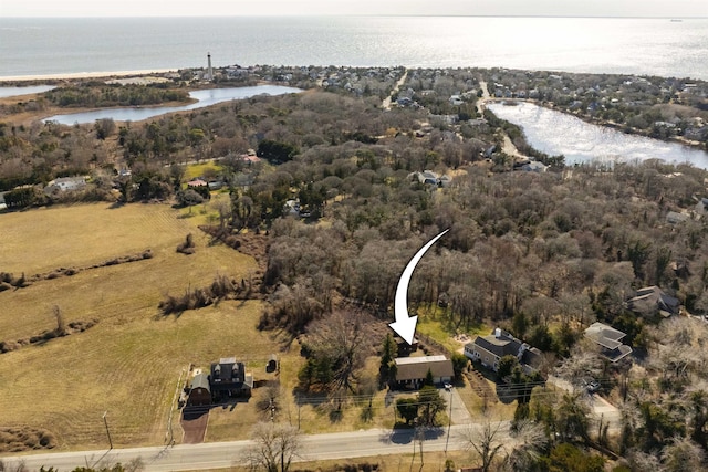 aerial view featuring a view of trees and a water view