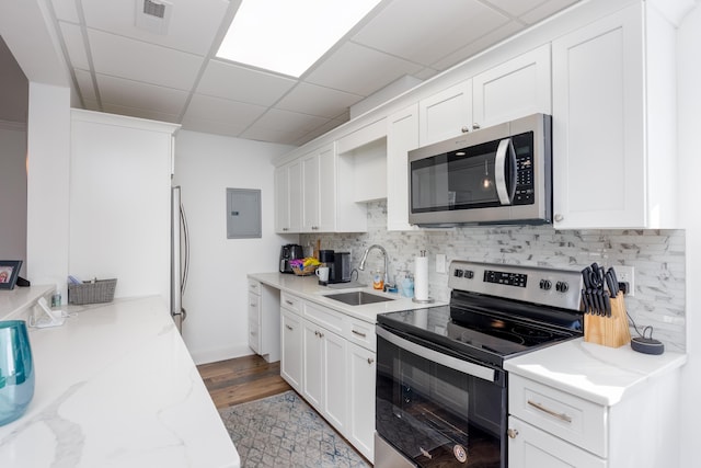 kitchen with visible vents, a sink, electric panel, appliances with stainless steel finishes, and white cabinets