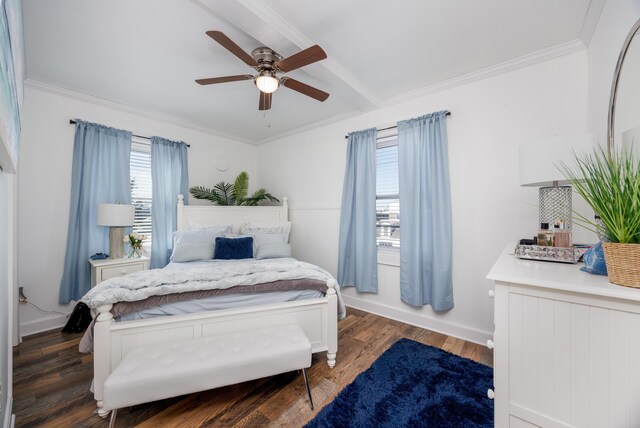 bedroom with ceiling fan, baseboards, ornamental molding, beam ceiling, and wood finished floors