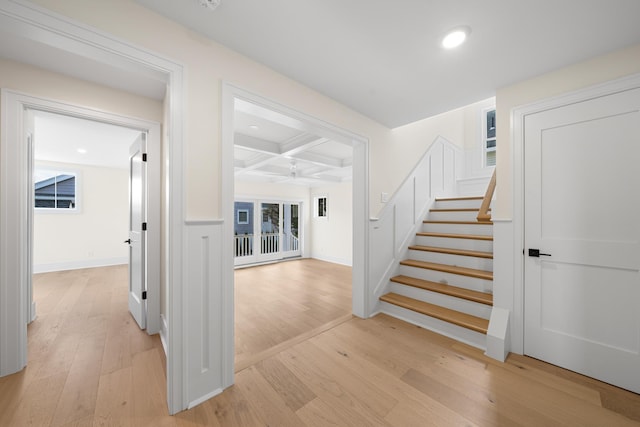 188 34th St, Avalon, NJ 08202 - stairway featuring a ceiling fan, wood finished floors, coffered ceiling, beam ceiling, and recessed lighting
