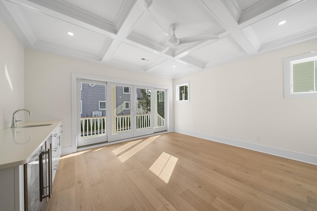 188 34th St, Avalon, NJ 08202 - unfurnished living room featuring light wood-style floors, coffered ceiling, a ceiling fan, beamed ceiling, and beverage cooler