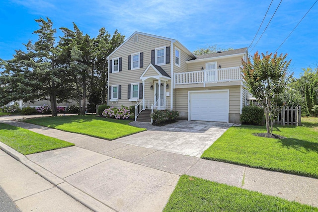 front of property featuring a garage, a balcony, and a front lawn