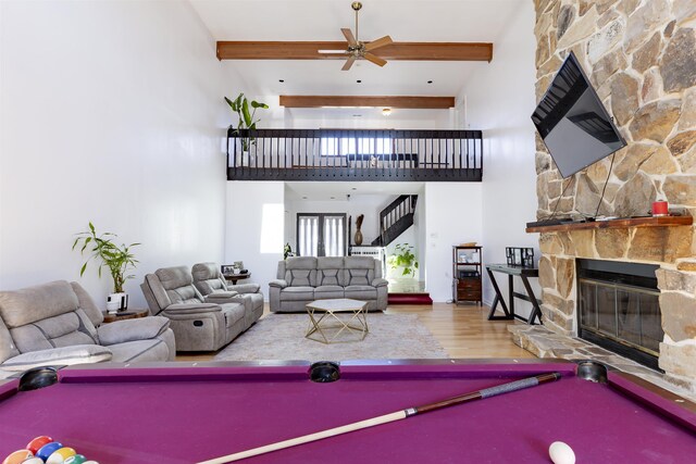 6 Rabbit Run, North Cape May, NJ 08204 - playroom with a ceiling fan, a stone fireplace, pool table, and wood finished floors