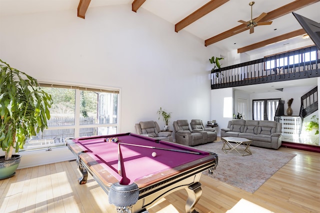 6 Rabbit Run, North Cape May, NJ 08204 - game room featuring a ceiling fan, pool table, high vaulted ceiling, wood finished floors, and beam ceiling
