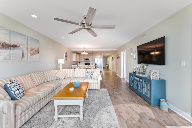 415 E Heather Rd Unit 105, Wildwood Crest, NJ 08260 - living room featuring light wood-type flooring, baseboards, a ceiling fan, and recessed lighting