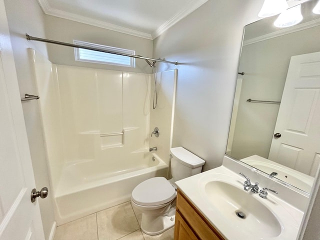 full bathroom featuring tile patterned flooring, ornamental molding, tub / shower combination, toilet, and vanity