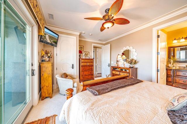 carpeted bedroom featuring access to exterior, ornamental molding, and ceiling fan