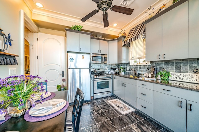 kitchen with sink, crown molding, ceiling fan, appliances with stainless steel finishes, and backsplash