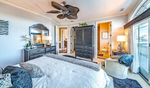 bedroom with carpet floors, ornamental molding, ceiling fan, and ensuite bathroom