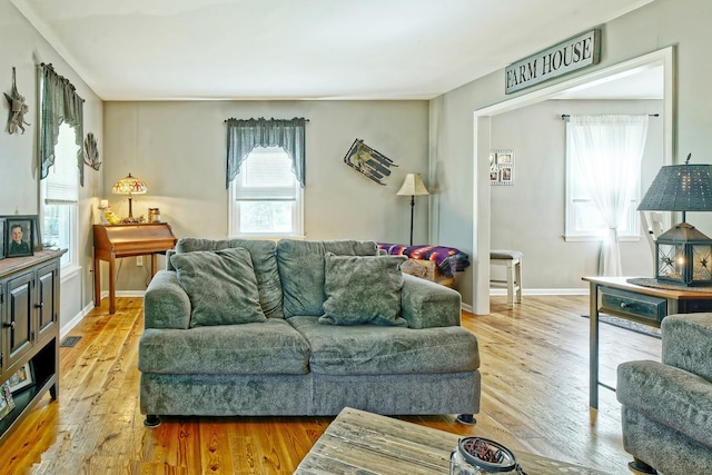living room with wood finished floors and baseboards