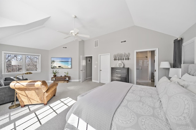 bedroom with lofted ceiling, baseboards, visible vents, and light colored carpet