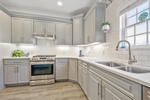 kitchen with under cabinet range hood, a sink, light wood-type flooring, gray cabinets, and gas range