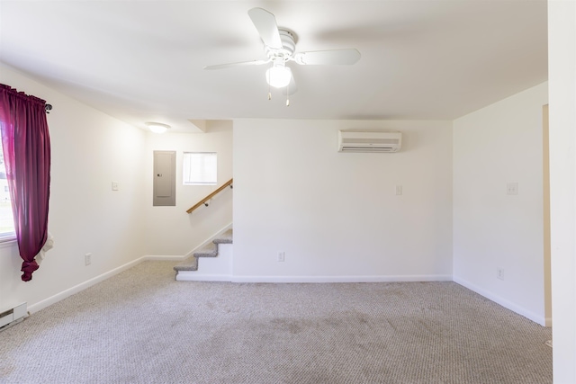 342 S Rte 47, Cape May Court House, NJ 08210 - carpeted empty room with an AC wall unit, electric panel, a ceiling fan, stairway, and baseboards