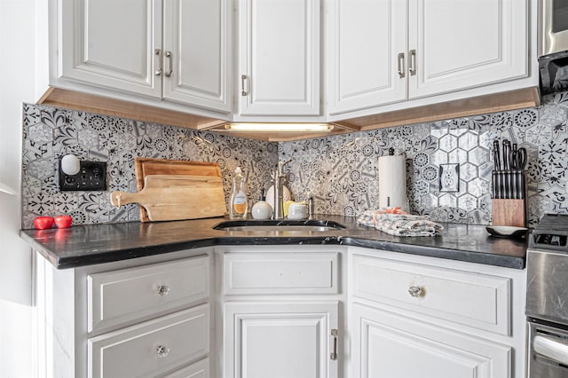 kitchen featuring decorative backsplash, white cabinetry, and sink