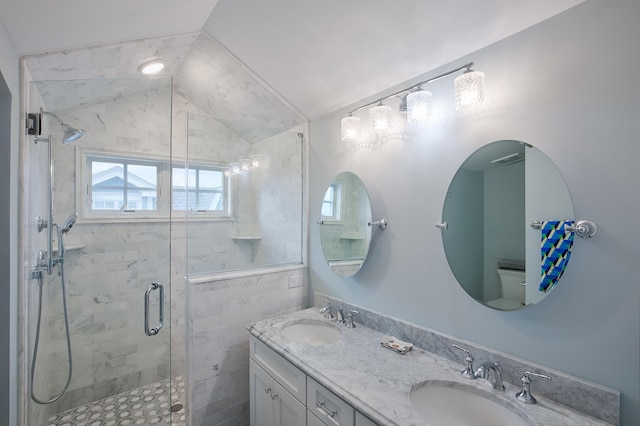 885 21st St W, Unit West, Avalon, NJ 08202 - bathroom with a shower stall, double vanity, and vaulted ceiling