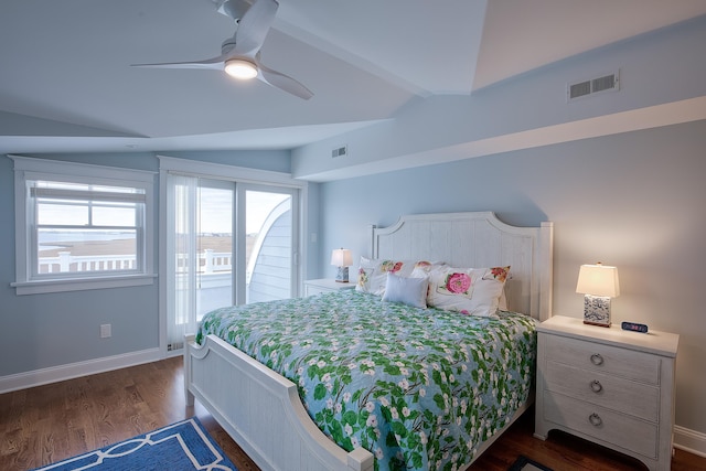 885 21st St W, Unit West, Avalon, NJ 08202 - bedroom with vaulted ceiling, access to outside, dark wood-style floors, and ceiling fan