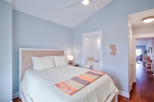 885 21st St W, Unit West, Avalon, NJ 08202 - bedroom with dark wood finished floors, connected bathroom, high vaulted ceiling, and ceiling fan