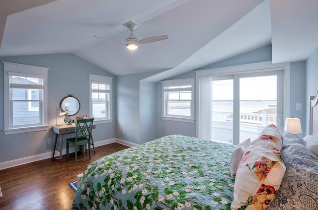 885 21st St W, Unit West, Avalon, NJ 08202 - bedroom with vaulted ceiling, dark wood-style flooring, a ceiling fan, and access to outside
