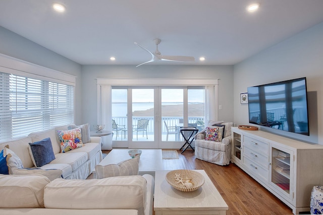 885 21st St W, Unit West, Avalon, NJ 08202 - living room featuring recessed lighting, wood finished floors, and ceiling fan